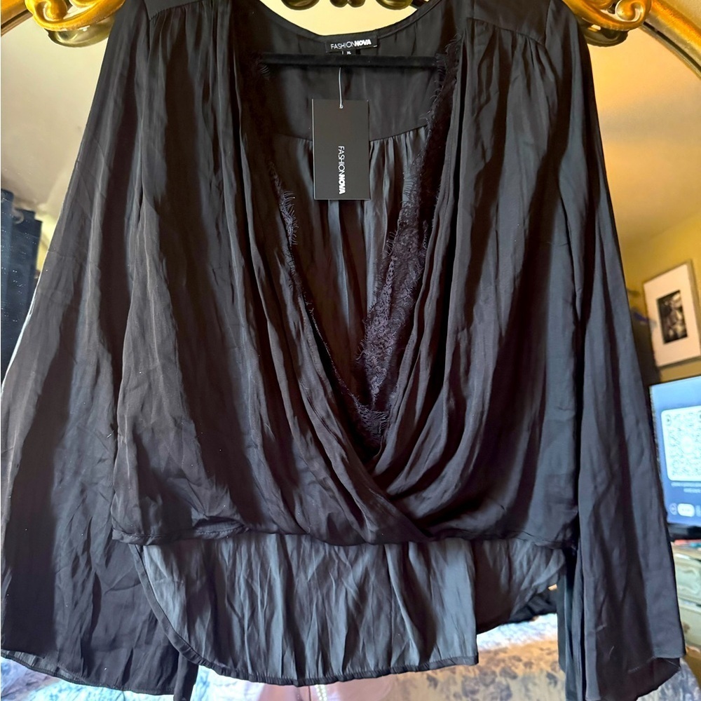 Fashion Nova Elegant Black Drape Blouse